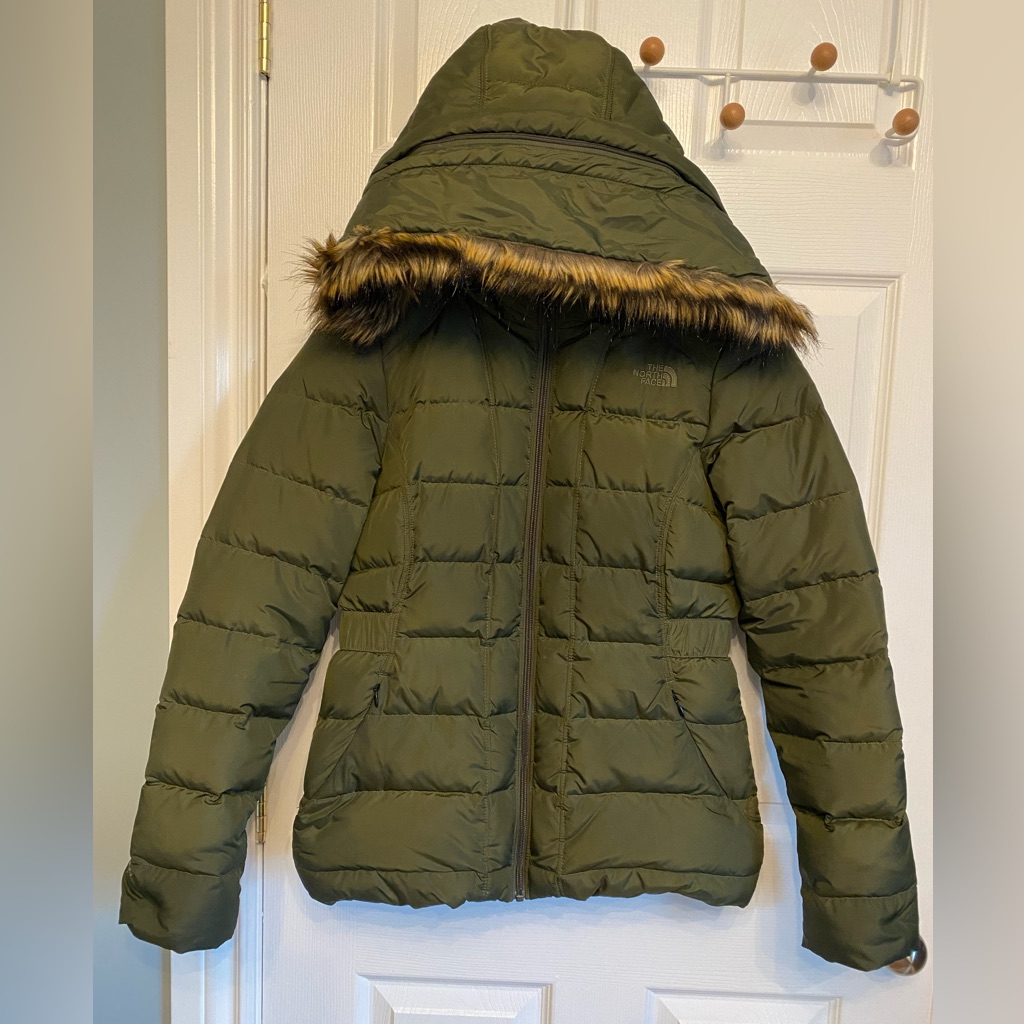 The North Face Gotham Down Grape Leaf Green Puffer Jacket Faux Fur Size Small